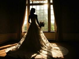 partiel silhouette de une la mariée en portant une bouquet de fleurs photo