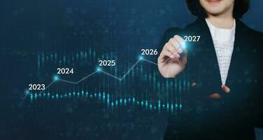 affaires croissance dans 2023-2027. analytique homme d'affaire Planification affaires croissance 2023, stratégie numérique commercialisation, profit revenu, économie, Stock marché les tendances et entreprise, technique une analyse stratégie photo