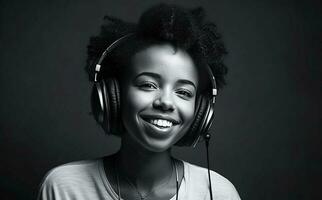 ai génératif. une Jeune fille écoute à la musique dans écouteurs. photo