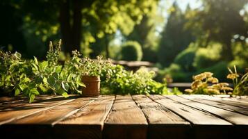 en bois table idéal pour produit annonces , ai généré photo