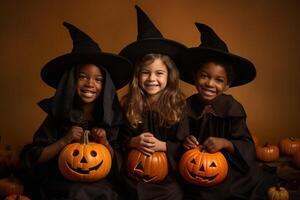 un illustration de les enfants portant une Halloween costume , ai généré photo