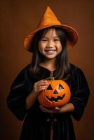 un illustration de les enfants portant une Halloween costume , ai généré photo