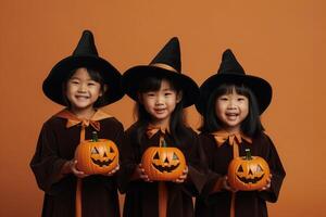 un illustration de les enfants portant une Halloween costume , ai généré photo