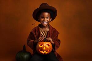 un illustration de les enfants portant une Halloween costume , ai généré photo