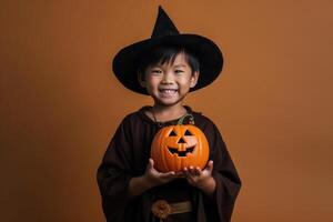 un illustration de les enfants portant une Halloween costume , ai généré photo