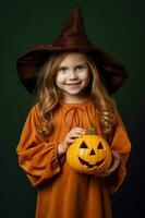 un illustration de les enfants portant une Halloween costume , ai généré photo