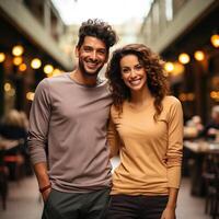 illustration de une couple mode portrait avec plaine T-shirt maquette, ai généré photo