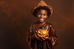 un illustration de les enfants portant une Halloween costume , ai généré photo