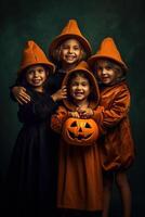 un illustration de les enfants portant une Halloween costume , ai généré photo