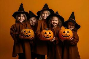 un illustration de les enfants portant une Halloween costume , ai généré photo