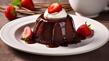 Chocolat pudding sur une assiette avec stoberry Garniture photo