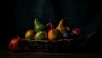 fraîcheur et la nature dans une rustique osier panier de biologique fruit généré par ai photo