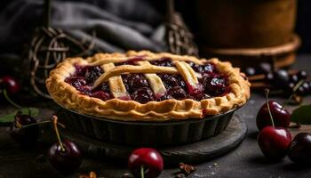 fait maison baie Tarte sur rustique bois tableau, une sucré indulgence généré par ai photo