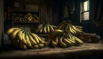 Frais biologique des fruits sur une rustique en bois tableau, en bonne santé et délicieux généré par ai photo