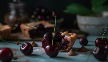 fraîcheur et douceur sur une rustique en bois tableau, fait maison baie dessert généré par ai photo