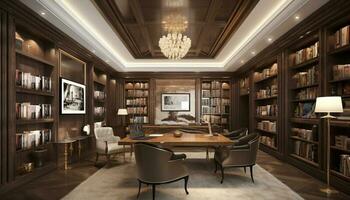 moderne étagère à livres dans une luxueux maison, une parfait espace pour en train d'étudier généré par ai photo