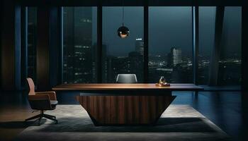 moderne paysage urbain avec bureau, entreprise, sombre, électrique lampe, bois, éclairage équipement généré par ai photo