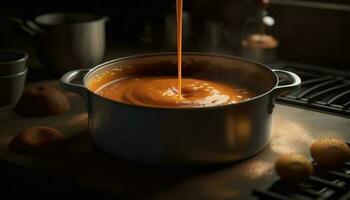 en bonne santé végétarien soupe cuit dans rustique cuisine généré par ai photo