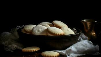 fraîcheur et douceur sur une en bois tableau, fait maison biscuit encore la vie généré par ai photo