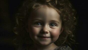 mignonne souriant enfant avec frisé cheveux, bonheur généré par ai photo