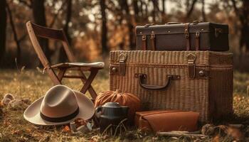 antique cuir valise est assis dans l'automne Prairie généré par ai photo