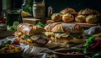 grillé du boeuf Burger sur rustique pain ciabatta chignon généré par ai photo