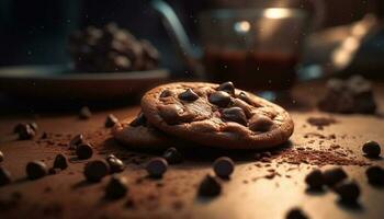 indulgent Chocolat puce biscuits sur rustique en bois table généré par ai photo