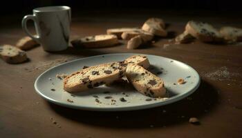 fraîchement cuit Chocolat puce biscuits sur rustique table généré par ai photo