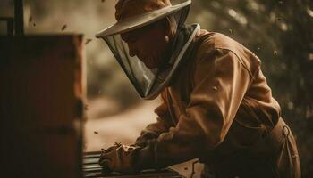 caucasien apiculteur dans protecteur vêtements de travail tend les abeilles généré par ai photo