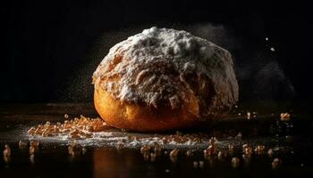 fraîchement cuit pain sur rustique en bois table généré par ai photo