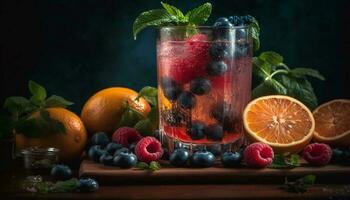 rustique tableau, Frais fruit, en bonne santé boire, été généré par ai photo