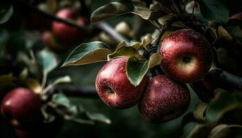 mûr pommes sur bifurquer, Frais de verger généré par ai photo