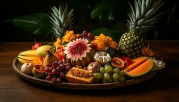 Frais fruit assiette avec en bonne santé gourmet variation généré par ai photo