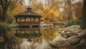 tranquille l'automne paysage, reflétant sur le l'eau généré par ai photo