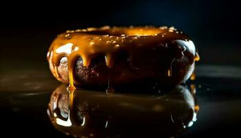 indulgent Chocolat Donut sur en bois assiette tentation généré par ai photo