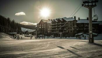 ski dans hiver pays des merveilles, amusement illuminé crépuscule généré par ai photo