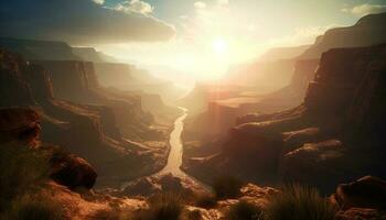 majestueux lever du soleil plus de érodé grès falaise ravin généré par ai photo