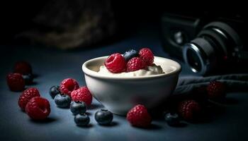 Frais baie bol framboise, fraise, granola, yaourt généré par ai photo