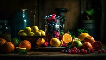 rustique table affiche Frais biologique agrumes fruit généré par ai photo