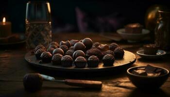 rustique fait maison Chocolat muffins sur en bois plateau généré par ai photo