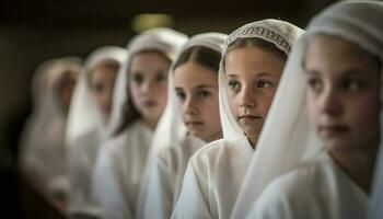 caucasien les enfants dans uniforme souriant et apprentissage généré par ai photo