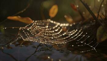 araignée tisse couvert de rosée la toile sur l'automne feuille généré par ai photo