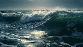 Soleil embrassé surfeurs balade majestueux vagues, pulvérisation beauté généré par ai photo