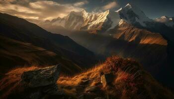 majestueux Montagne culminer, lever du soleil aventure, tranquille Prairie généré par ai photo