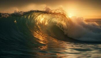 surfeurs balade vagues, vaporisateur éclabousser dans Soleil généré par ai photo