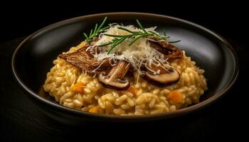 en bonne santé Risotto bol avec comestible champignons et herbes généré par ai photo