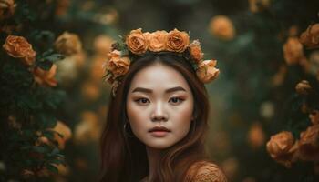 magnifique femme dans nature, souriant à caméra généré par ai photo