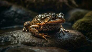 Pointé crapaud séance dans humide vert forêt généré par ai photo