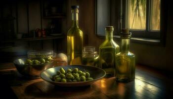 Frais olive pétrole et du vin sur rustique table généré par ai photo