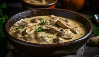 rustique du boeuf Ragoût avec Frais herbes et champignons généré par ai photo